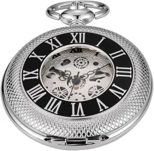 Mechanical Pocket Watch, momentum Roman Numerals Silver Pocket Watch with Chain Box for Men Classic Silver 