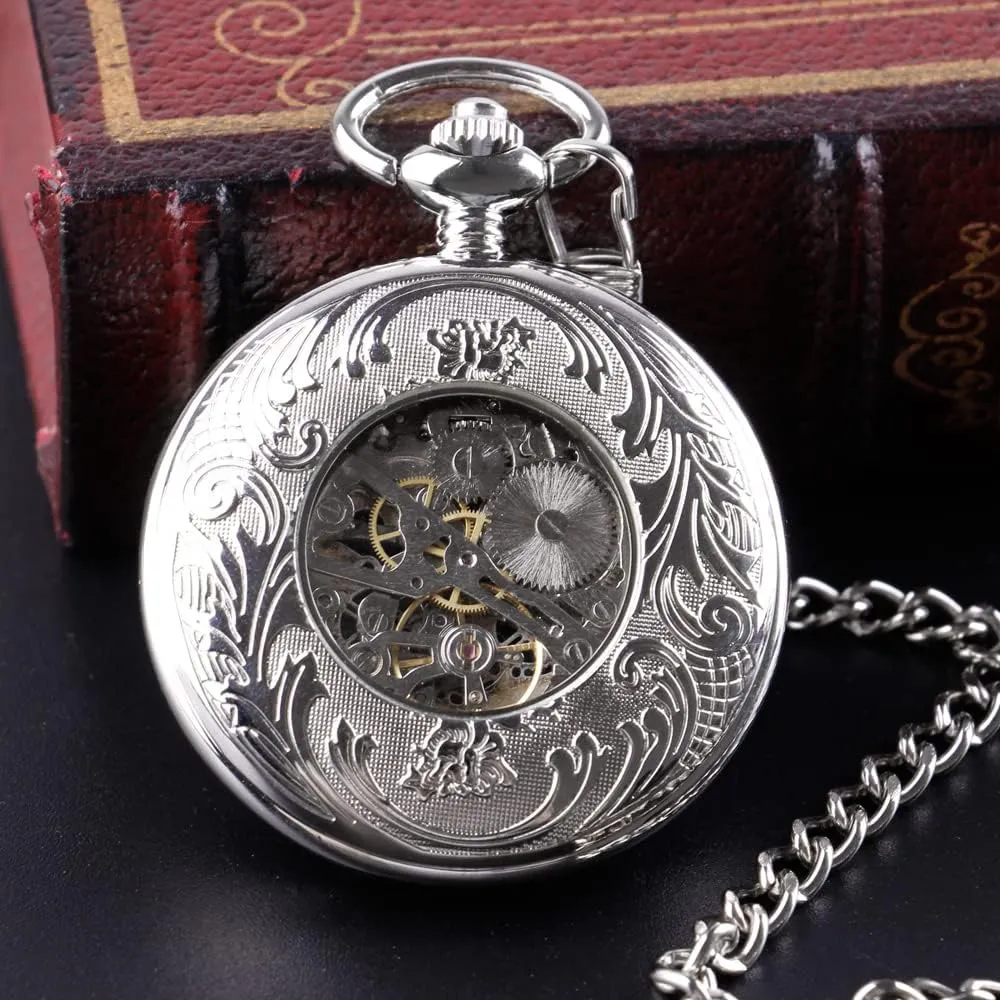 Mechanical Pocket Watch, momentum Roman Numerals Silver Pocket Watch with Chain Box for Men Classic Silver 