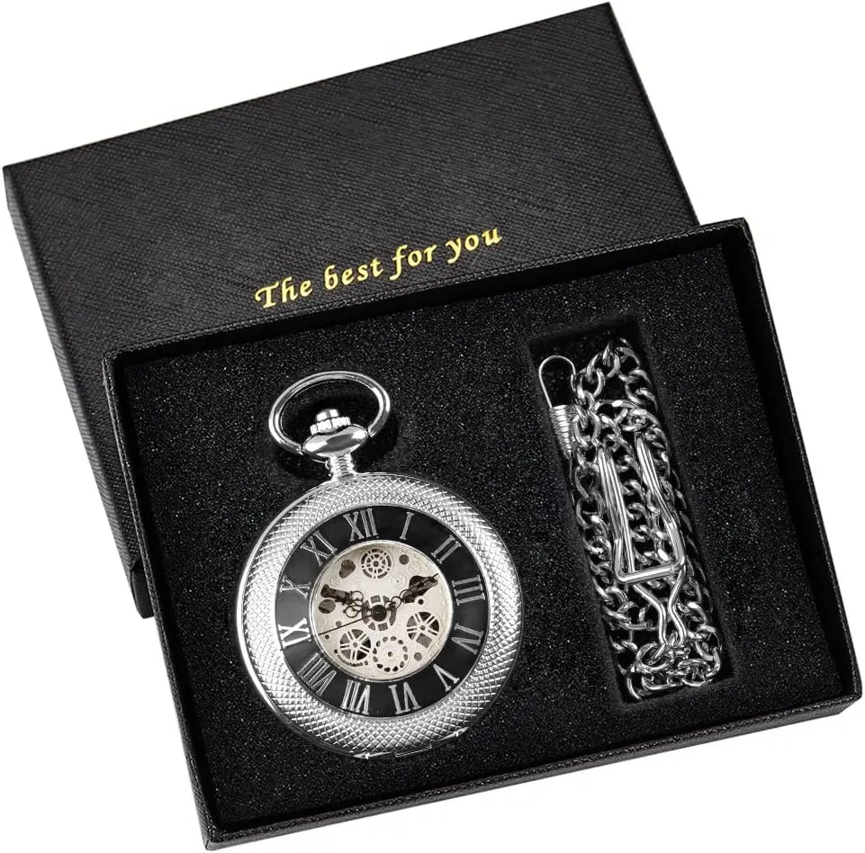 Mechanical Pocket Watch, momentum Roman Numerals Silver Pocket Watch with Chain Box for Men Classic Silver 