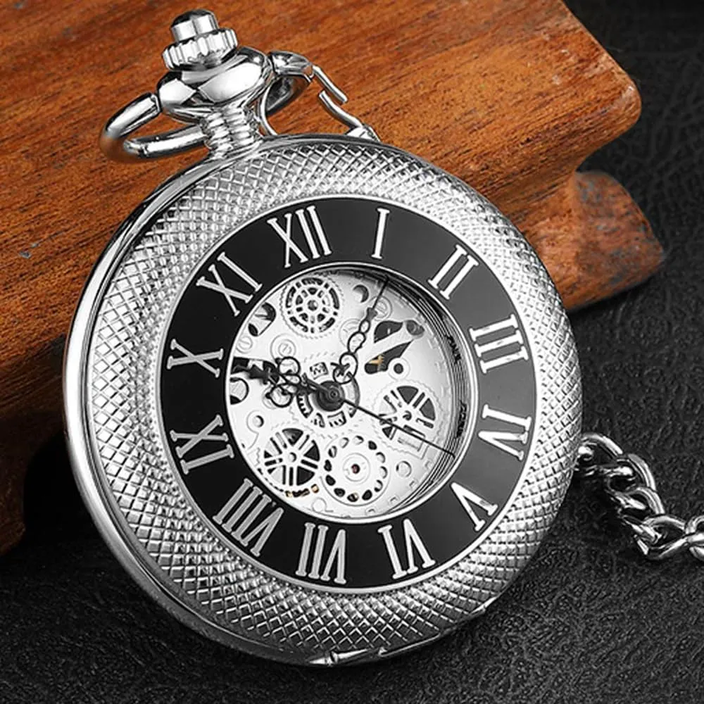Mechanical Pocket Watch, momentum Roman Numerals Silver Pocket Watch with Chain Box for Men Classic Silver 