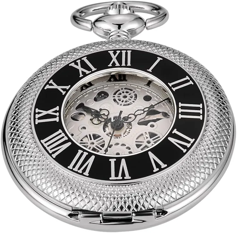 Mechanical Pocket Watch, momentum Roman Numerals Silver Pocket Watch with Chain Box for Men Classic Silver 