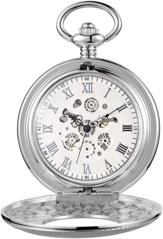 Mechanical Pocket Watch, momentum Roman Numerals Silver Pocket Watch with Chain Box for Men Classic Silver 