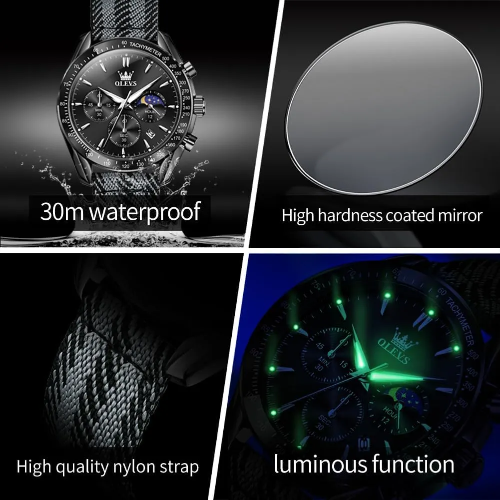 Men church anthropomorphism extremity Watch Date Moon Phase Analog Quartz Watch Reloj para Hombre OLEVS Watches for Men Casual Luxury Large Face Multifunctional Chronograph Men's Watches Durable Silicone/Nylon Strap 30ATM Waterproof 