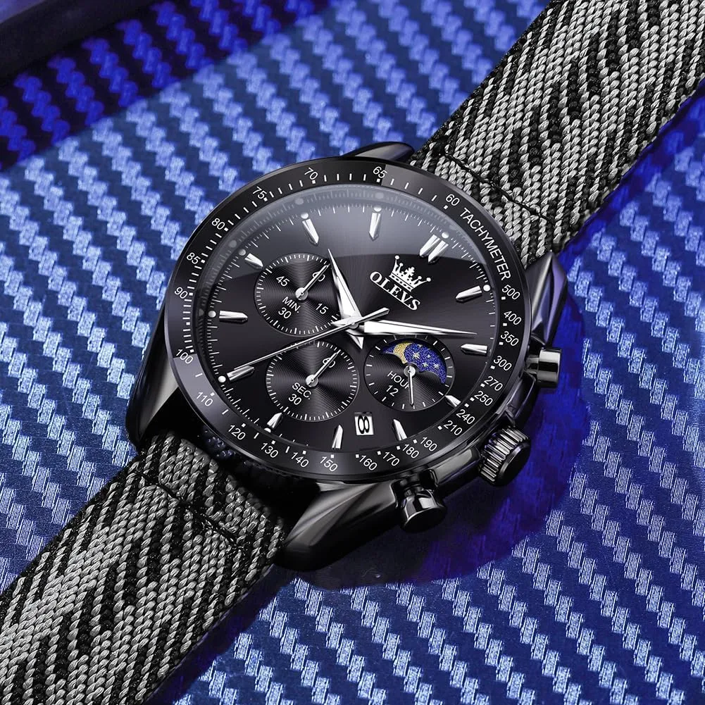 Men church anthropomorphism extremity Watch Date Moon Phase Analog Quartz Watch Reloj para Hombre OLEVS Watches for Men Casual Luxury Large Face Multifunctional Chronograph Men's Watches Durable Silicone/Nylon Strap 30ATM Waterproof 