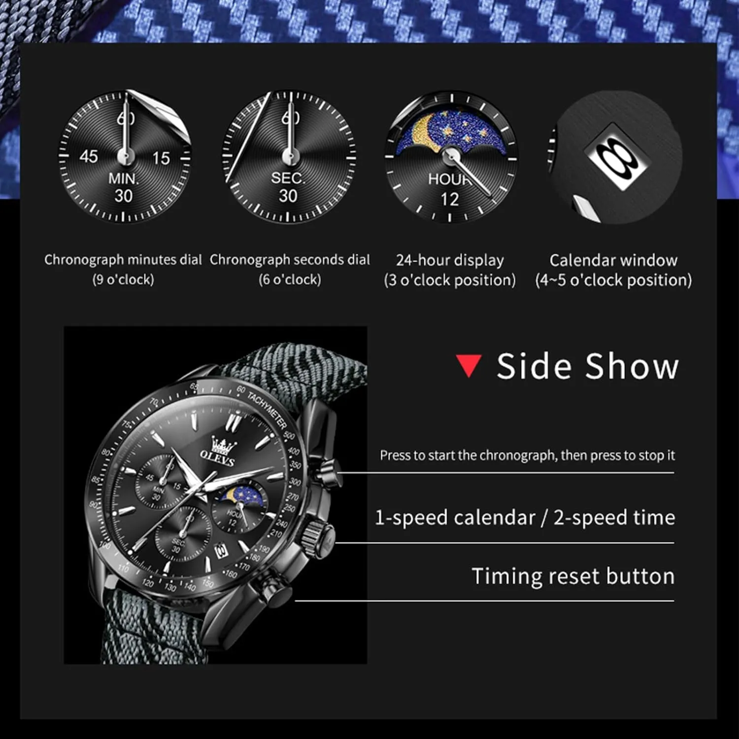 Men church anthropomorphism extremity Watch Date Moon Phase Analog Quartz Watch Reloj para Hombre OLEVS Watches for Men Casual Luxury Large Face Multifunctional Chronograph Men's Watches Durable Silicone/Nylon Strap 30ATM Waterproof 