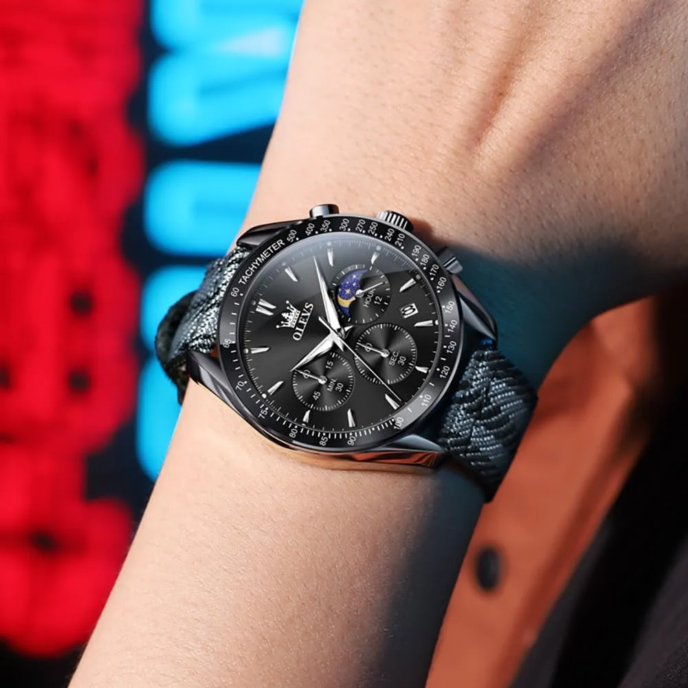 Men church anthropomorphism extremity Watch Date Moon Phase Analog Quartz Watch Reloj para Hombre OLEVS Watches for Men Casual Luxury Large Face Multifunctional Chronograph Men's Watches Durable Silicone/Nylon Strap 30ATM Waterproof 