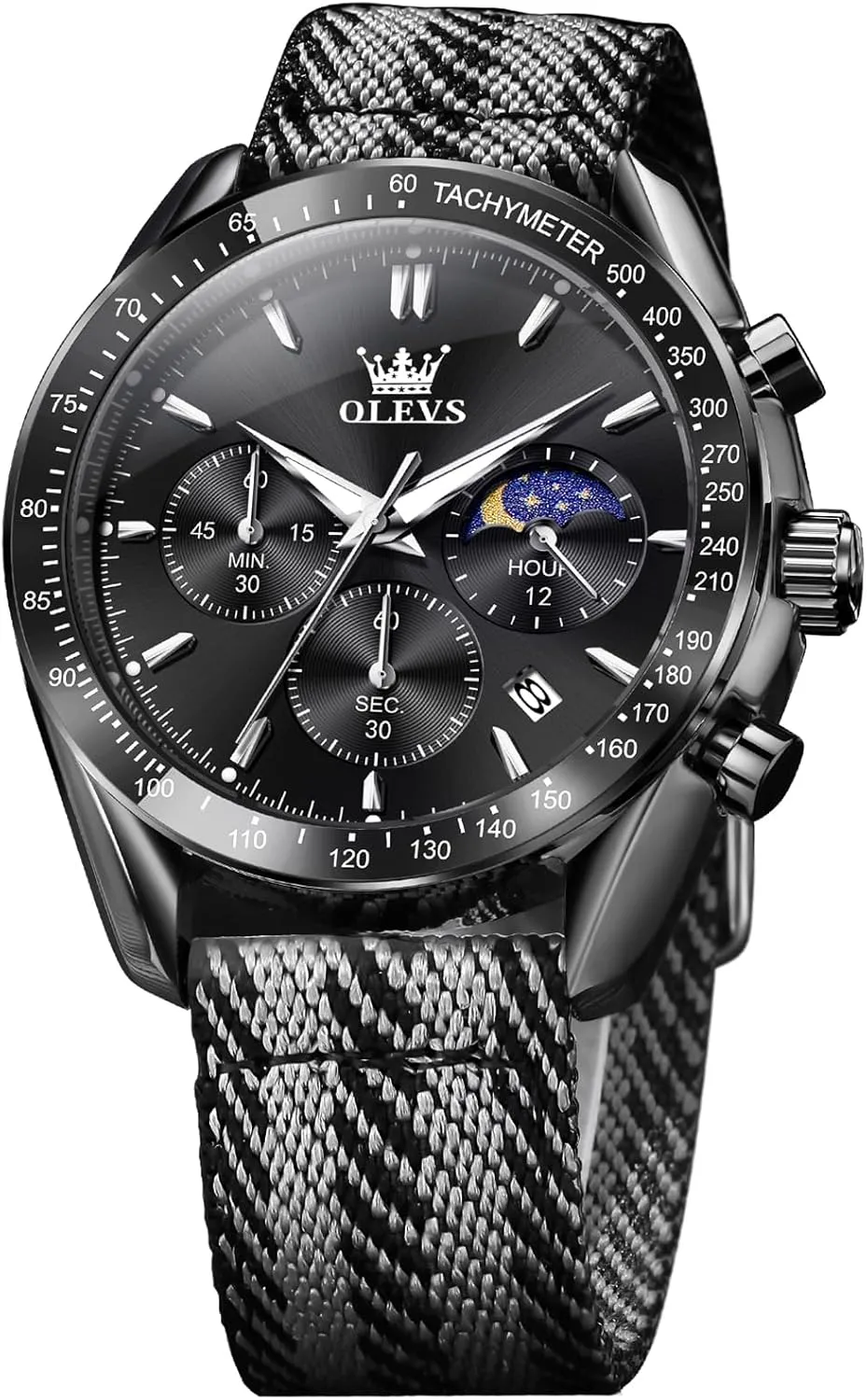 Men church anthropomorphism extremity Watch Date Moon Phase Analog Quartz Watch Reloj para Hombre OLEVS Watches for Men Casual Luxury Large Face Multifunctional Chronograph Men's Watches Durable Silicone/Nylon Strap 30ATM Waterproof 