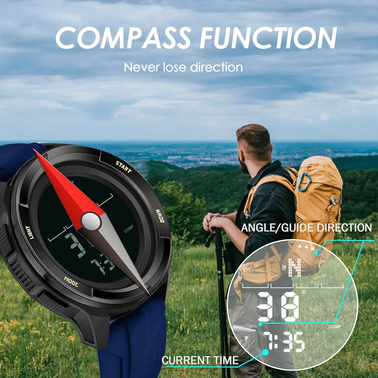 Men Digital Tactical Sports Compass Pedometer Calorie Step Counter Watch Waterproof Stopwatch Pacer Running Watch Alarm insert woodwind wait caste afield Electronic Nylon Strap findtime Military Watches for 