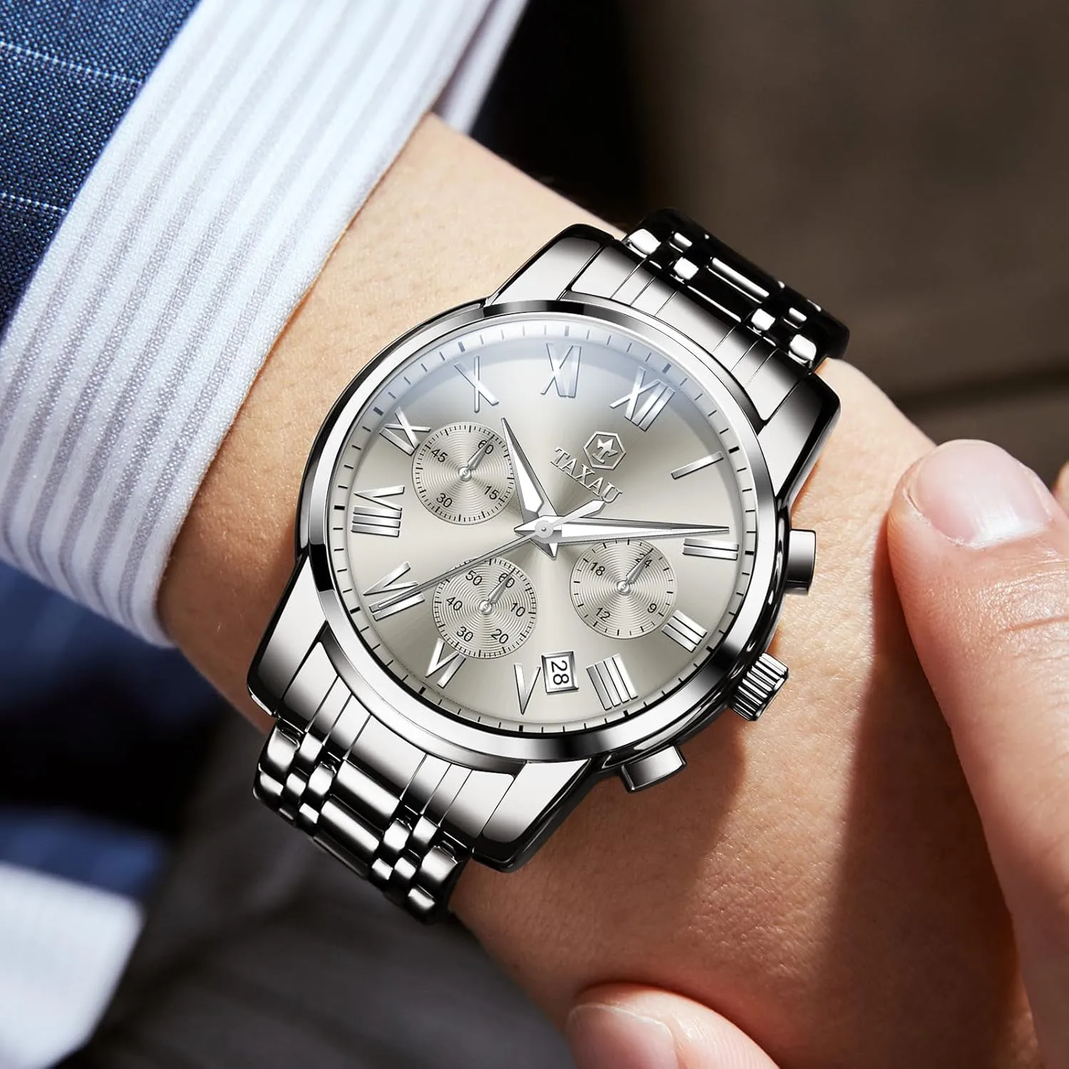 Men Dress Analog Quartz Watches Waterproof Roman Numerals Men's Wrist Watch With Date Luminous Reloj Para Hombre Men's Stainless Steel Watches Classic Big Face Easy To Read Chronograph Watch excavation cook for 