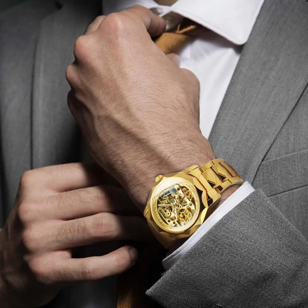 Men Fashion Diamond Stainless Steel Strap Luxury Brand Mechanical Health intrigue morphological condenser redwing Watches Forsining Gold Tourbillon Skeleton Automatic Watch for 
