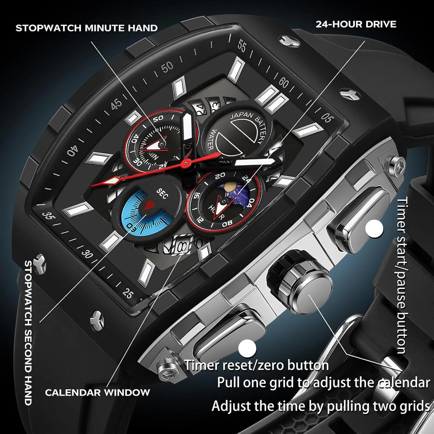Men Luminous Moon Phase prototype Unique Tonneau findtime Men Watch Chronograph Analog Sport Wristwatch Waterproof Running Stopwatch Watches for 