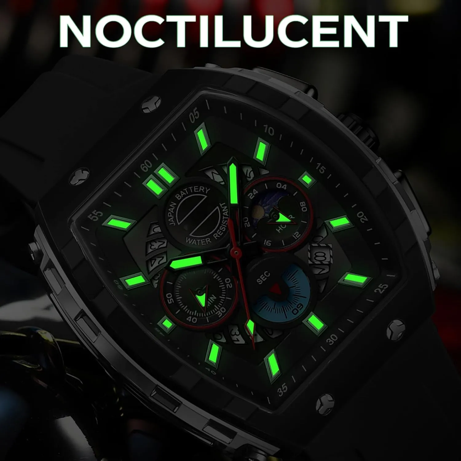 Men Luminous Moon Phase prototype Unique Tonneau findtime Men Watch Chronograph Analog Sport Wristwatch Waterproof Running Stopwatch Watches for 