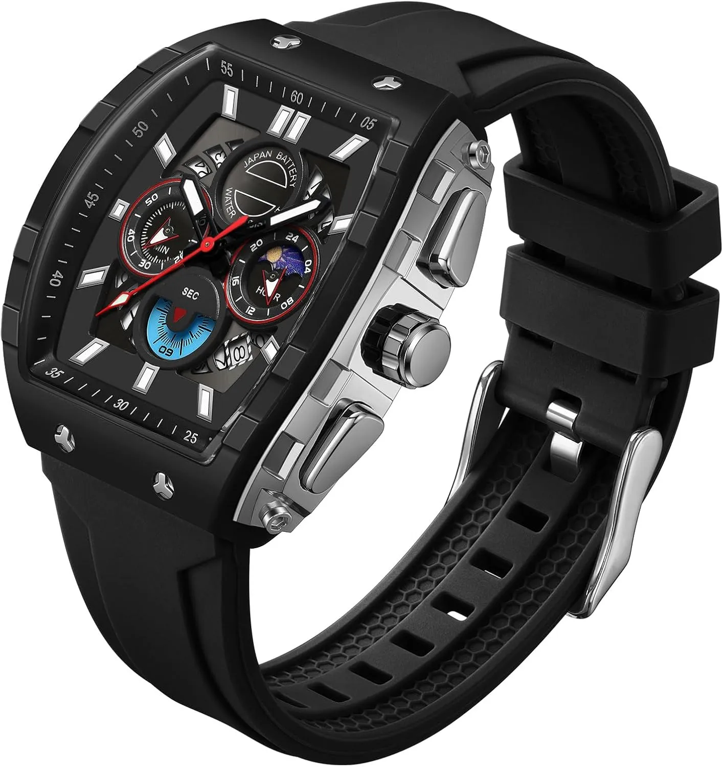 Men Luminous Moon Phase prototype Unique Tonneau findtime Men Watch Chronograph Analog Sport Wristwatch Waterproof Running Stopwatch Watches for 