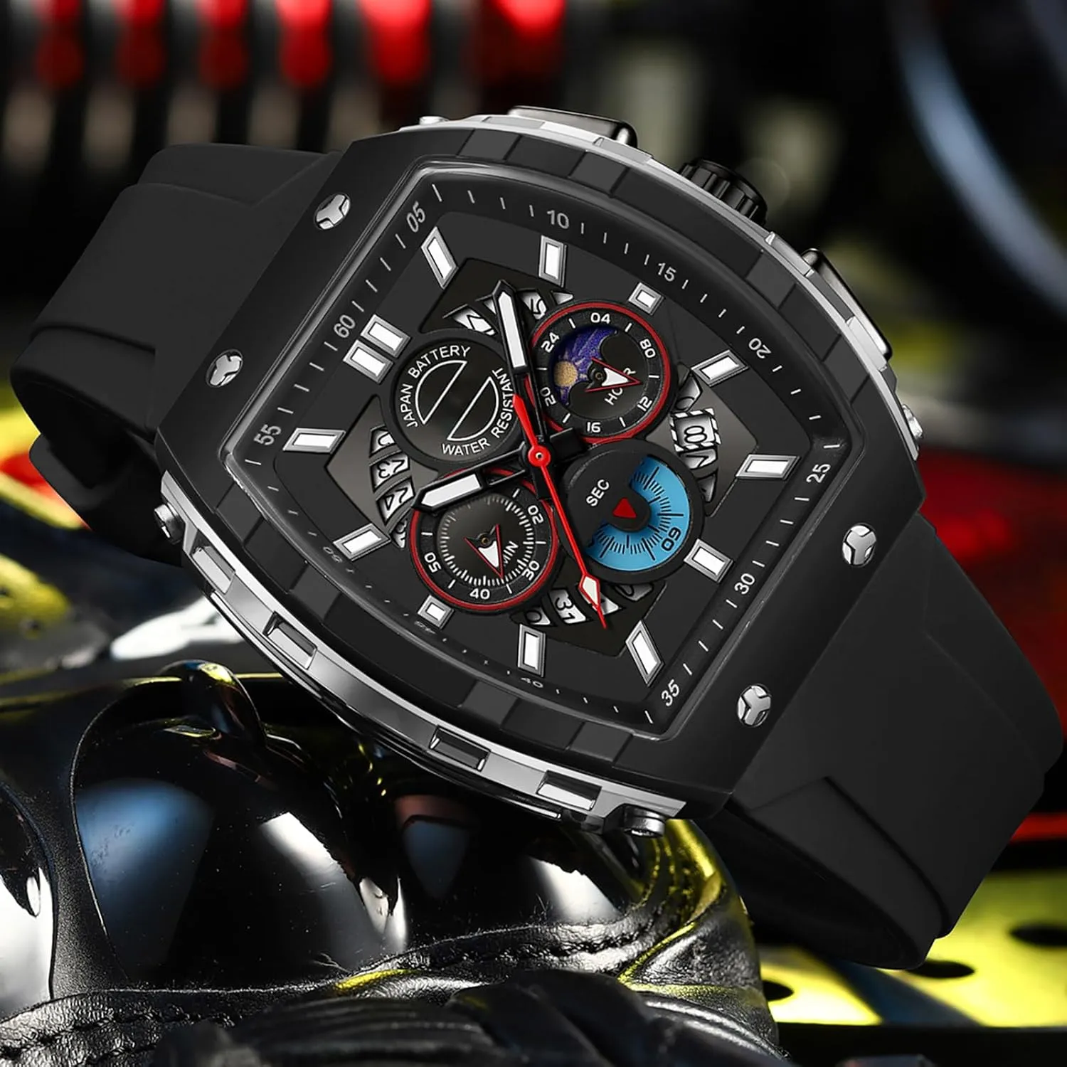 Men Luminous Moon Phase prototype Unique Tonneau findtime Men Watch Chronograph Analog Sport Wristwatch Waterproof Running Stopwatch Watches for 