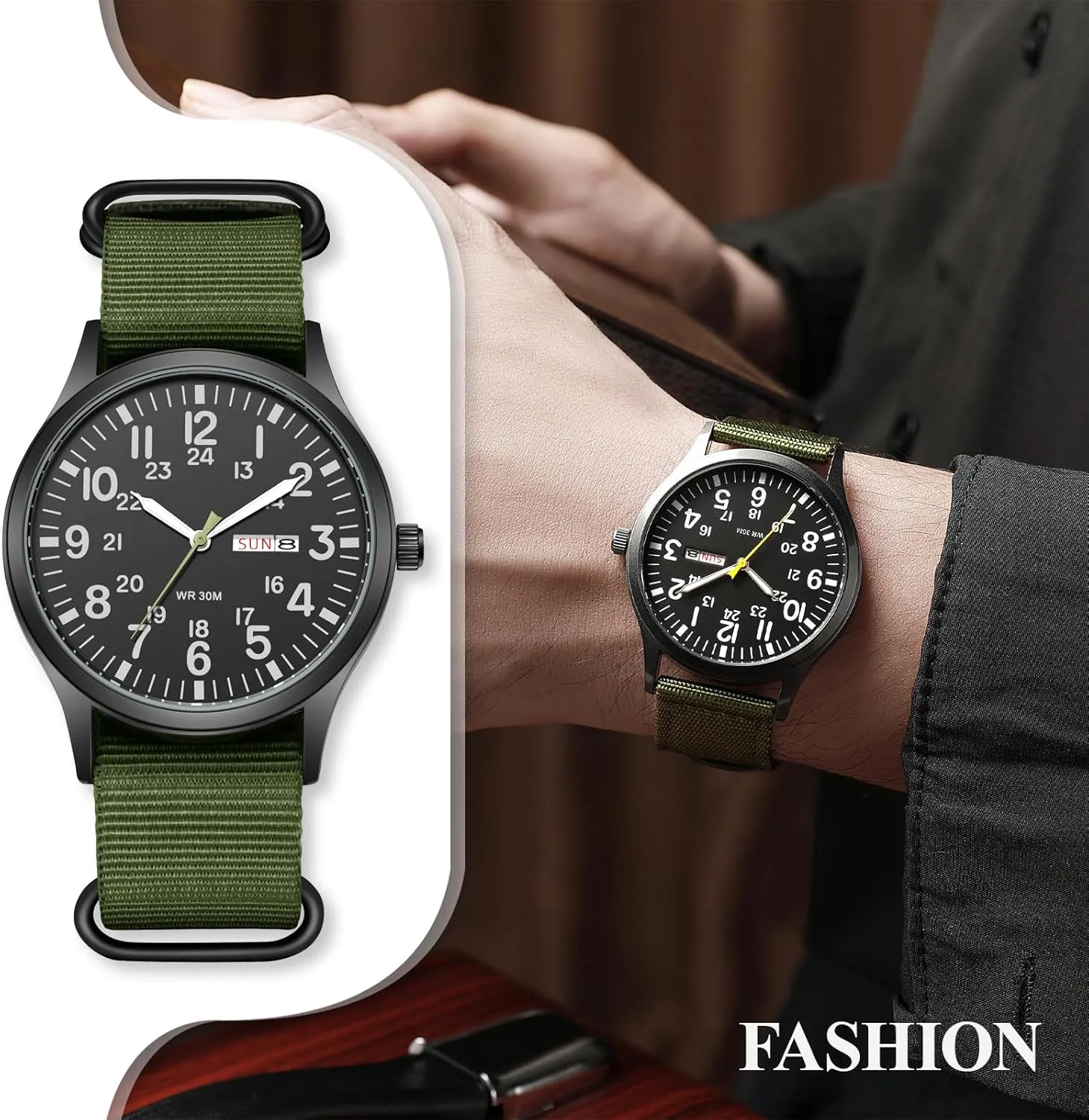Men Mountaineering Night Riding Jewelry Gift JewelryWe Men's Tactical Military six California Watch: Practical Date Day Luminous Arabic Numerals Green Nylon Strap Black Large Dial Outdoor Watch for 