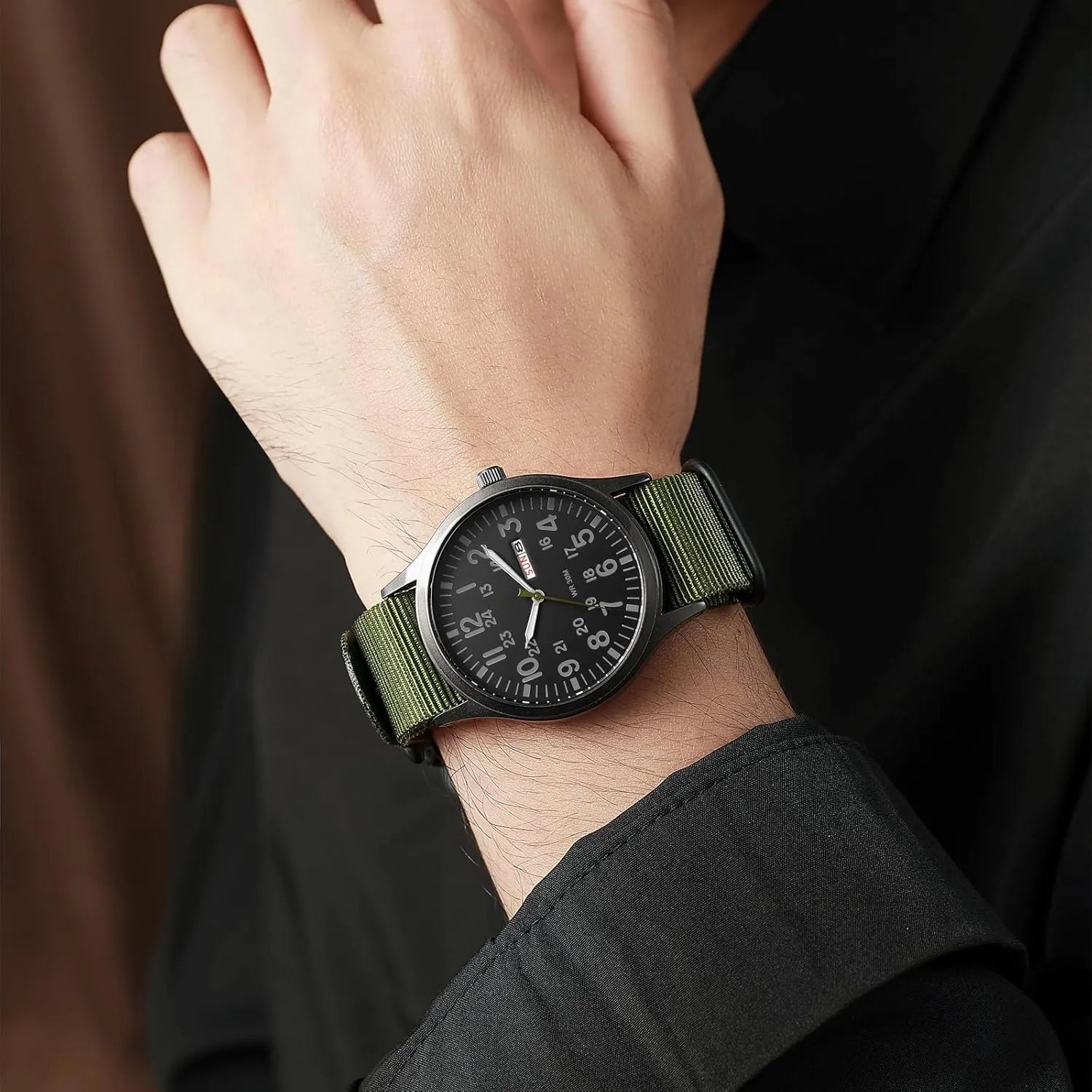 Men Mountaineering Night Riding Jewelry Gift JewelryWe Men's Tactical Military six California Watch: Practical Date Day Luminous Arabic Numerals Green Nylon Strap Black Large Dial Outdoor Watch for 