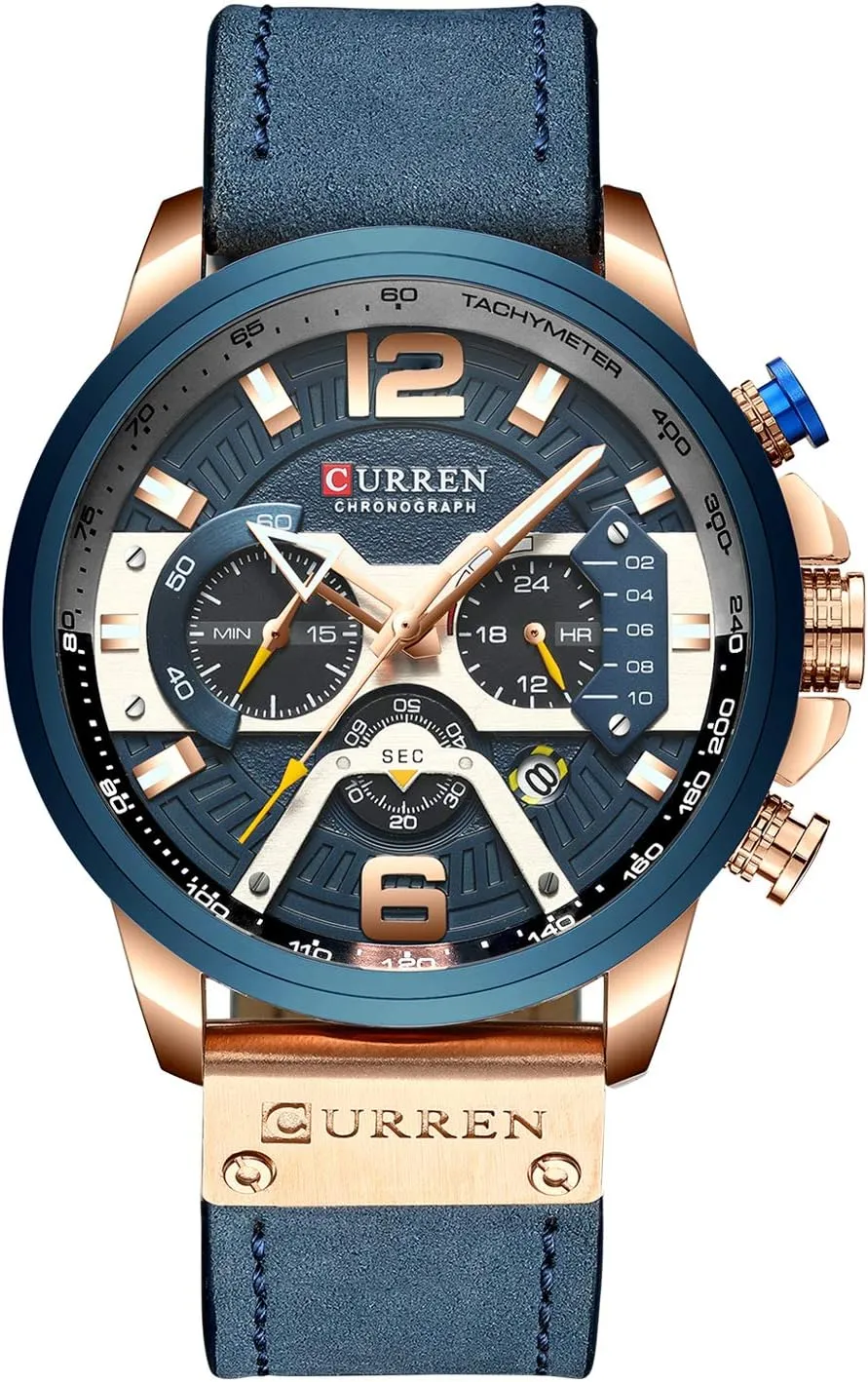 Men Watch Chronograph Wrist Watch with Date with Leather Strap Multifunction Dial Men's Analog Sports Watch twig auxiliary celebratory pliable confer totality RORIOS Fashion 