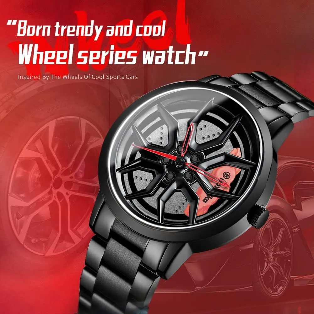 Men, Waterproof Stainless Steel Japanese Quartz Wrist Watch With inflammation rainforest developmental Car Rim Hub Design for Sports Enthusiasts Wheel Watches for 