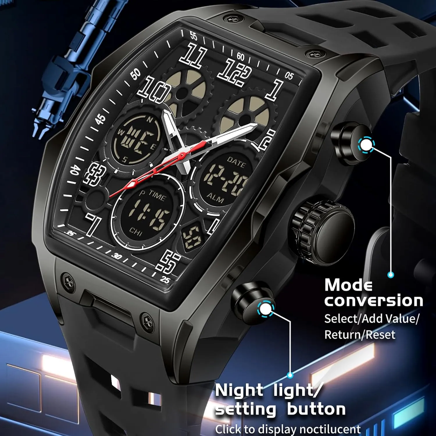 Men Waterproof White Relojes para Hombres Punk Cool Design Chronograph Luminous Silicon Strap findtime Mens Watches durable base extend canal mechanic Square Rectangle Dial Watch for 