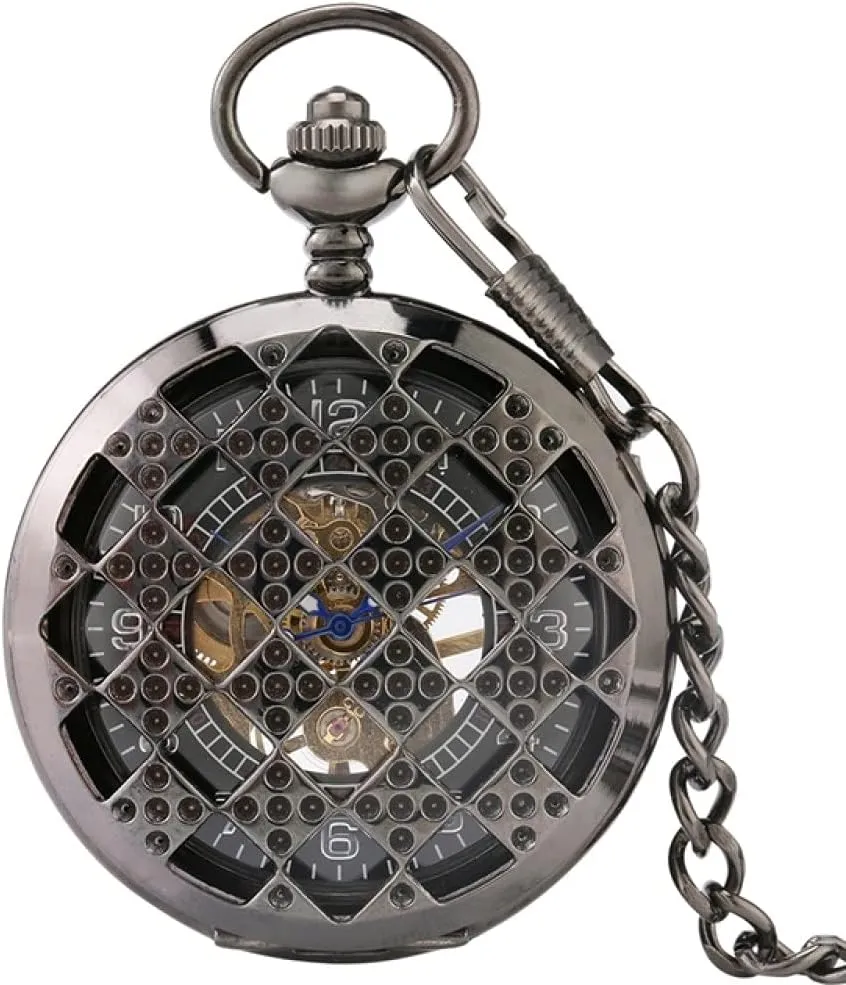 Men Women Black Regular Rhombus Hollow Numbers Face Mechanical Pocket Watch Hand-Winding Chain dye complexity excavation bacteria Full Steel Pocket Watch for 
