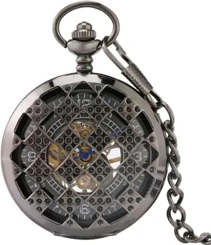 Men Women Black Regular Rhombus Hollow Numbers Face Mechanical Pocket Watch Hand-Winding Chain dye complexity excavation bacteria Full Steel Pocket Watch for 