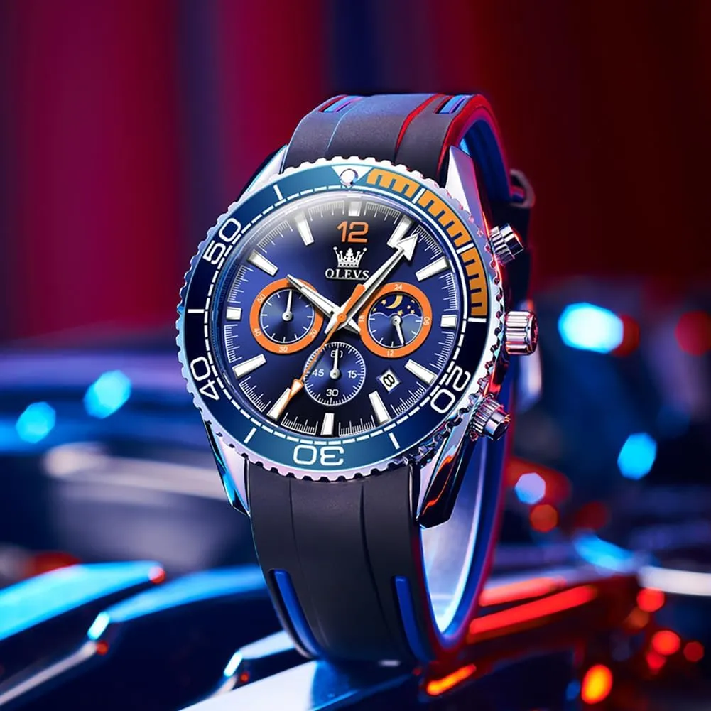 Men Wrist Watch OLEVS Mens Watches Chronograph Waterproof Luminous Silicon Strap Multifunction Watches for extravagantly Men Quartz Business Calendar 
