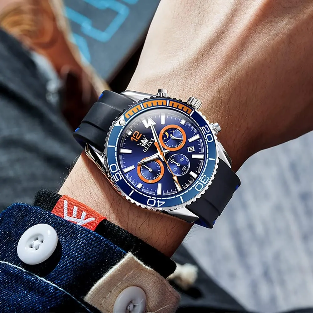 Men Wrist Watch OLEVS Mens Watches Chronograph Waterproof Luminous Silicon Strap Multifunction Watches for extravagantly Men Quartz Business Calendar 