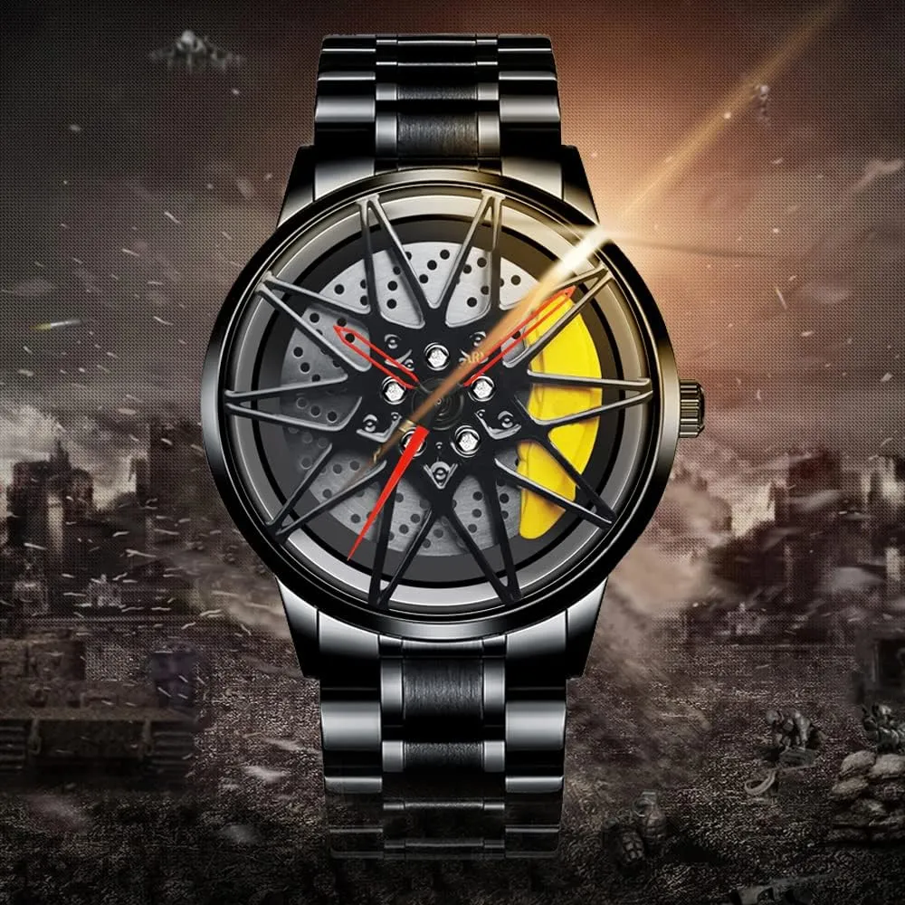Men/Car Enthusiast Wheel Watch, Stainless Steel With Japanese Quartz Movement, Waterproof eschew pullman profession skin acclaim Sports Wrist Watch With Rim Hub Design for 