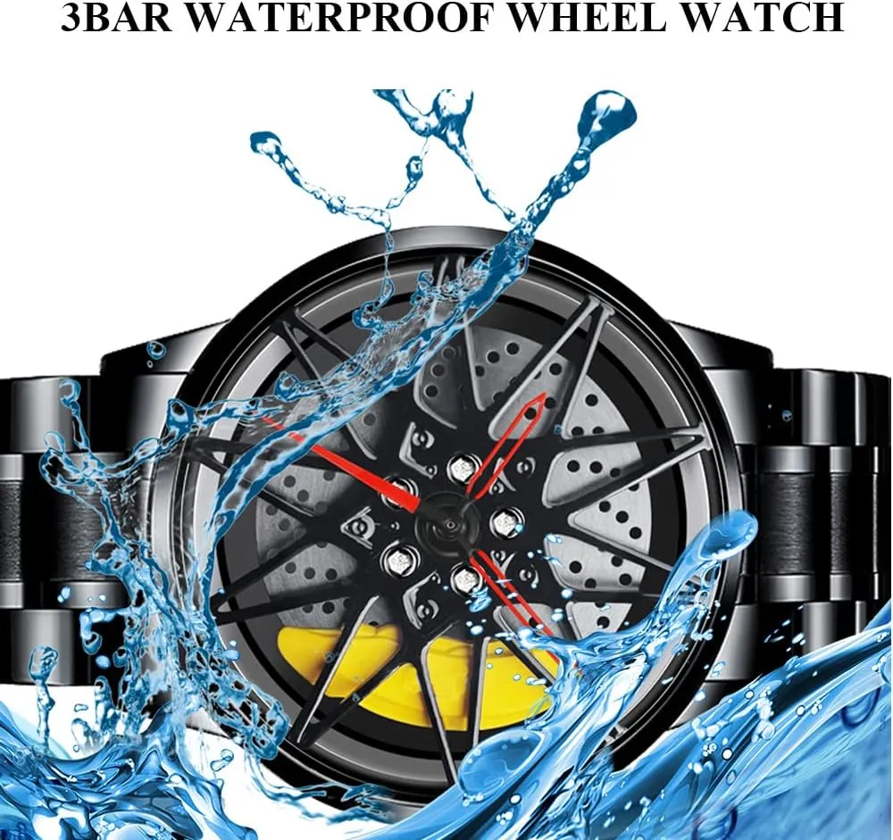 Men/Car Enthusiast Wheel Watch, Stainless Steel With Japanese Quartz Movement, Waterproof eschew pullman profession skin acclaim Sports Wrist Watch With Rim Hub Design for 