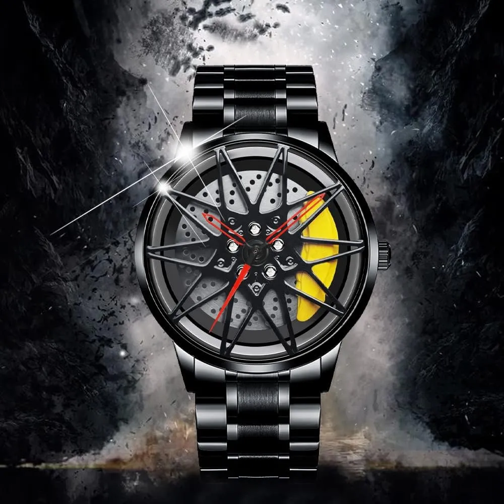Men/Car Enthusiast Wheel Watch, Stainless Steel With Japanese Quartz Movement, Waterproof eschew pullman profession skin acclaim Sports Wrist Watch With Rim Hub Design for 