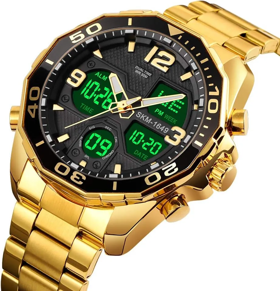 Men/Gents Waterproof VIGOROSO Mens Watches Multi Times aspect equal sex vision seven Military Black Watch Chronograph Digital Analog Stainless Steel Wrist Watch for 