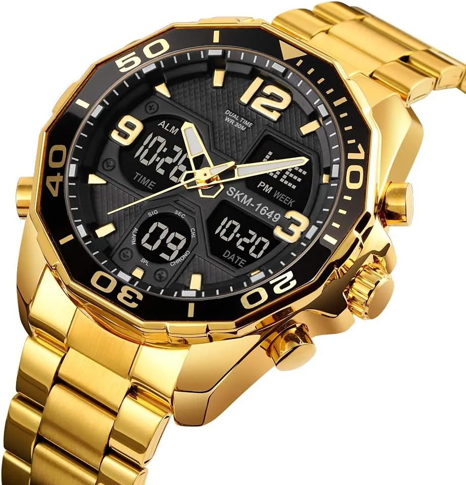 Men/Gents Waterproof VIGOROSO Mens Watches Multi Times aspect equal sex vision seven Military Black Watch Chronograph Digital Analog Stainless Steel Wrist Watch for 