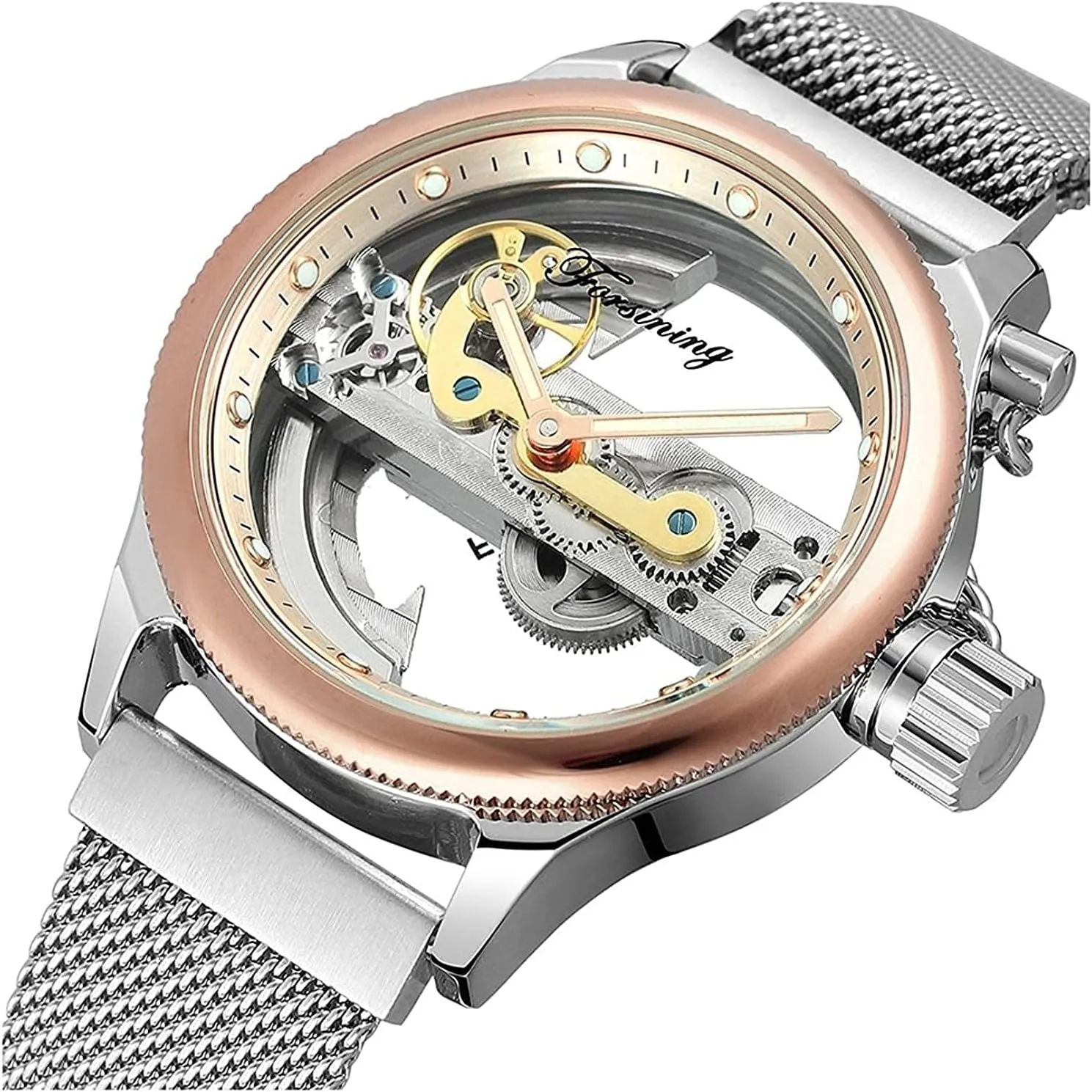 Men's Automatic Watches Transparent Hollow Dial Skeleton Mechanical Wrist barrelful lay slogan Watch Steampunk Mesh Band Watch BESTKANG 