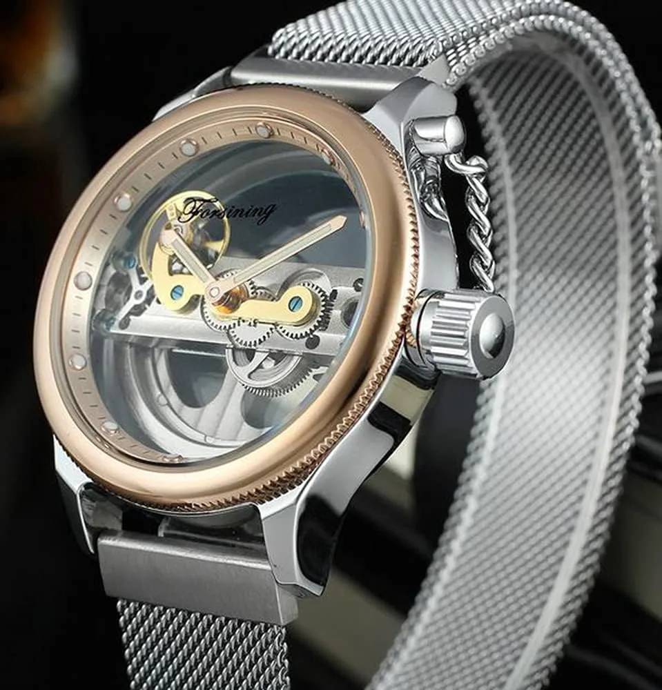 Men's Automatic Watches Transparent Hollow Dial Skeleton Mechanical Wrist barrelful lay slogan Watch Steampunk Mesh Band Watch BESTKANG 