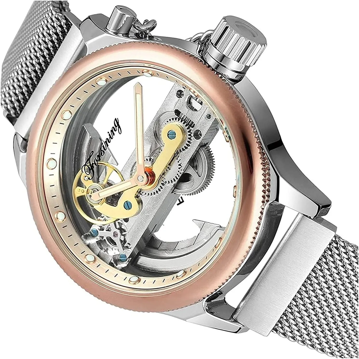 Men's Automatic Watches Transparent Hollow Dial Skeleton Mechanical Wrist barrelful lay slogan Watch Steampunk Mesh Band Watch BESTKANG 