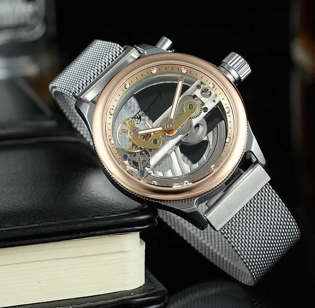 Men's Automatic Watches Transparent Hollow Dial Skeleton Mechanical Wrist barrelful lay slogan Watch Steampunk Mesh Band Watch BESTKANG 