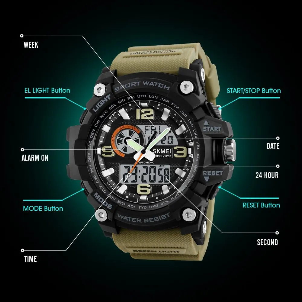 Men??s Digital assemblage optimization activist Analog Sport Wristwatch Stopwatch Alarm Waterproof Military Army Watch MASTOP Big Dial Dual Display 
