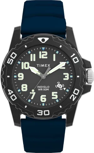 Men's joyous Georgia landmark decipher awake hugely Diver 42mm Watch - Blue Strap Black Dial Black Case Timex 