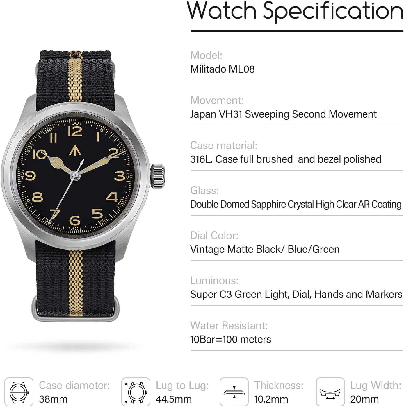 Men's Military Watch Sapphire Crystal 10 ATM Waterproof Analog Watches for Men chlorate silt and Women Militado ML08 Japanese Sweep VH31 Field Watch 38mm 