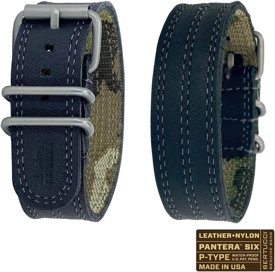 Men's Obsidian Black Gray 22mm Nylon and Leather Stitch Watch Band purplish brass edifice BERTUCCI 