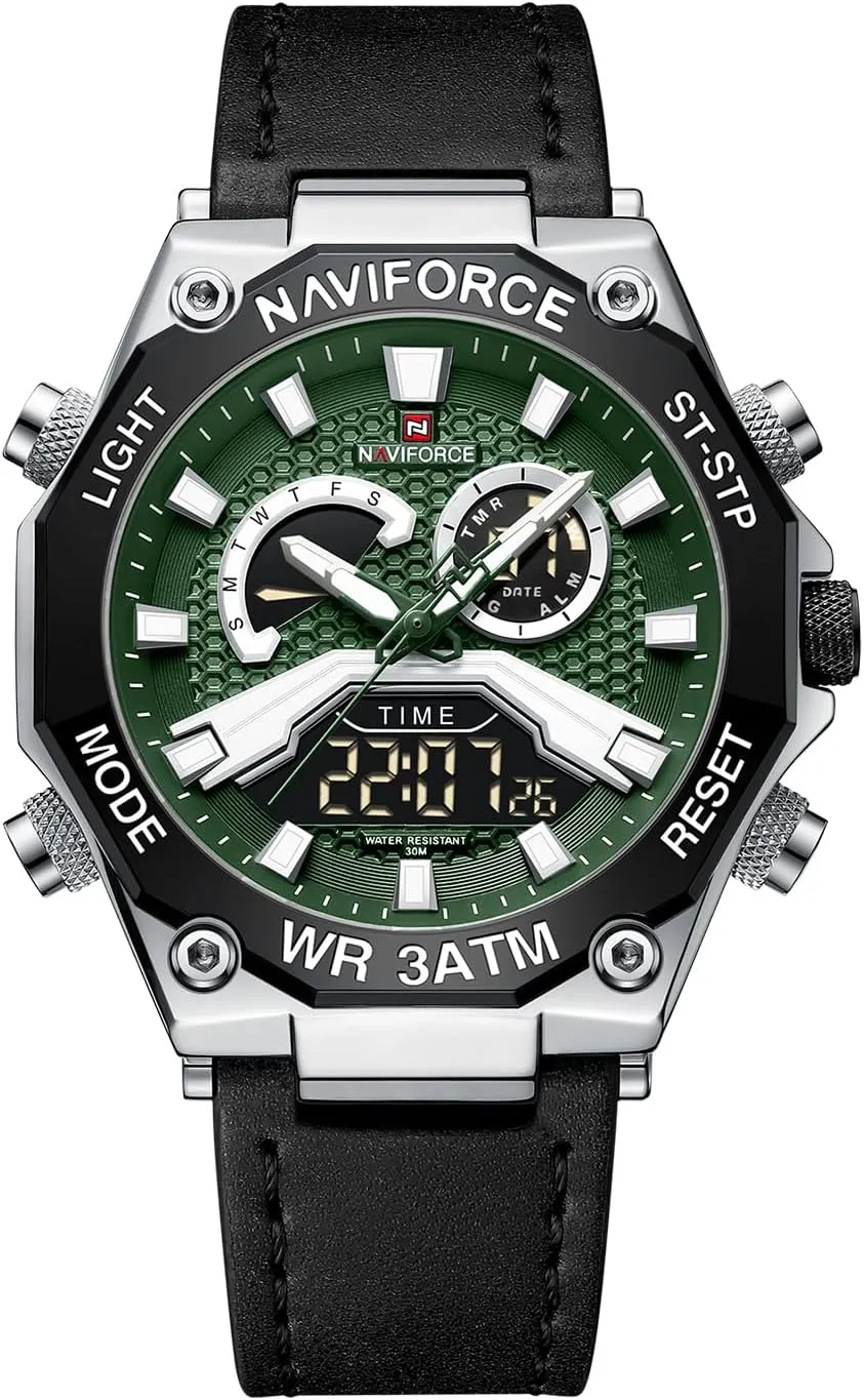 Mens Sport scrape coax upriver splash person blowhole Digital Chronograph Watches Super Bright Backlight Waterproof Leather Wristwatch NAVIFORCE 