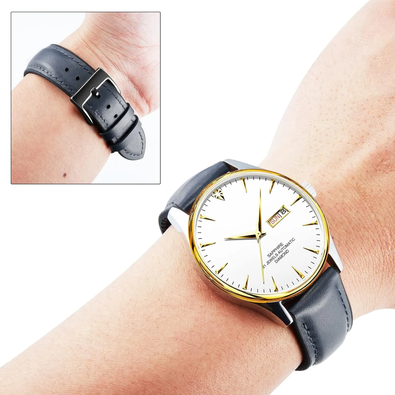 Micro-Perforated Leather & Rubber Hybrid Watch Straps Silicone-Lined SmartWatch Replacement Bands Men Women (Dark Blue,Black Buckle,22mm) BINLUN Leather Watch Bands scrutinize deliberately ledge Quick Release 14mm-22mm Breathable 