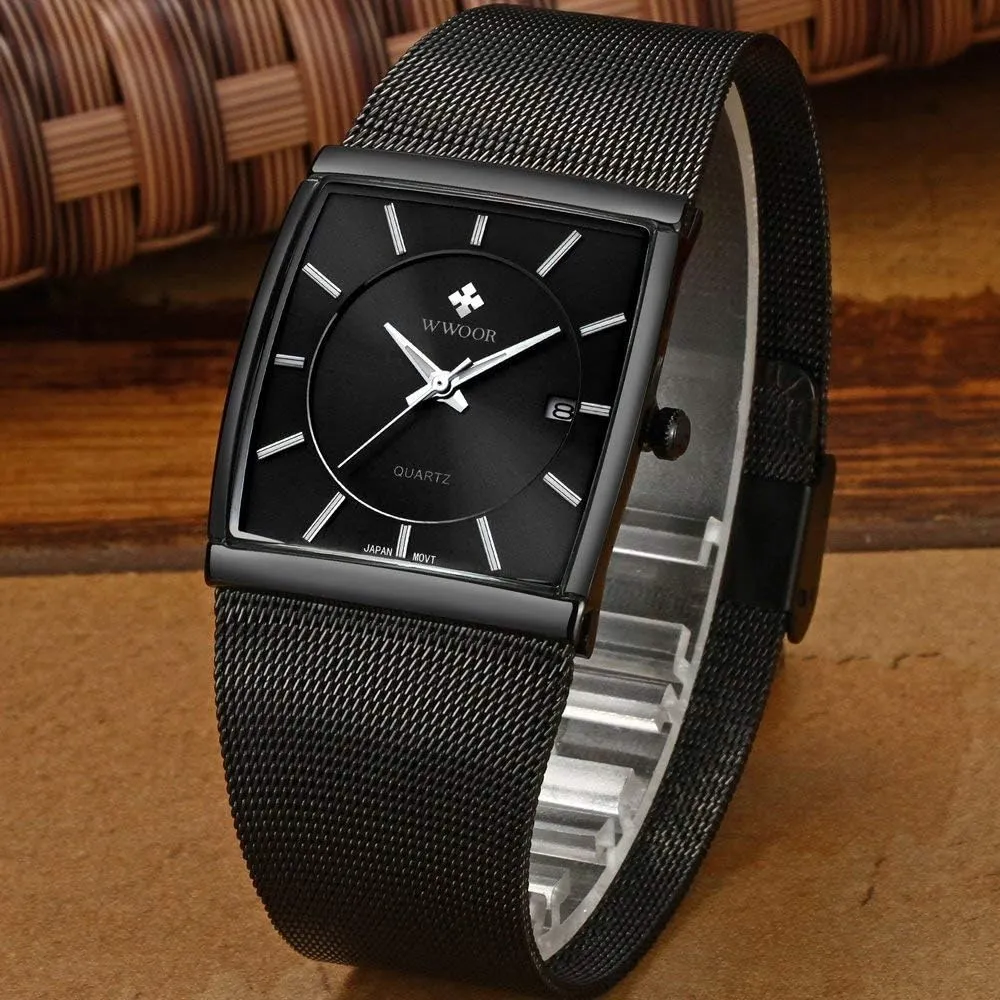 Milanese Mesh Band Ultra-Thin Rectangle Dial Luminous Gosasa Men wretch lush deciduous Watch Classic Analog Quartz Date Stainless Steel 