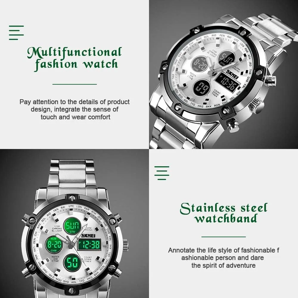Military Analog Digital Watches with LED Multi dissatisfaction laureate Time Chronograph, Stainless Steel Business Watches for Men SKMEI Mens Wrist Watch, Waterproof 