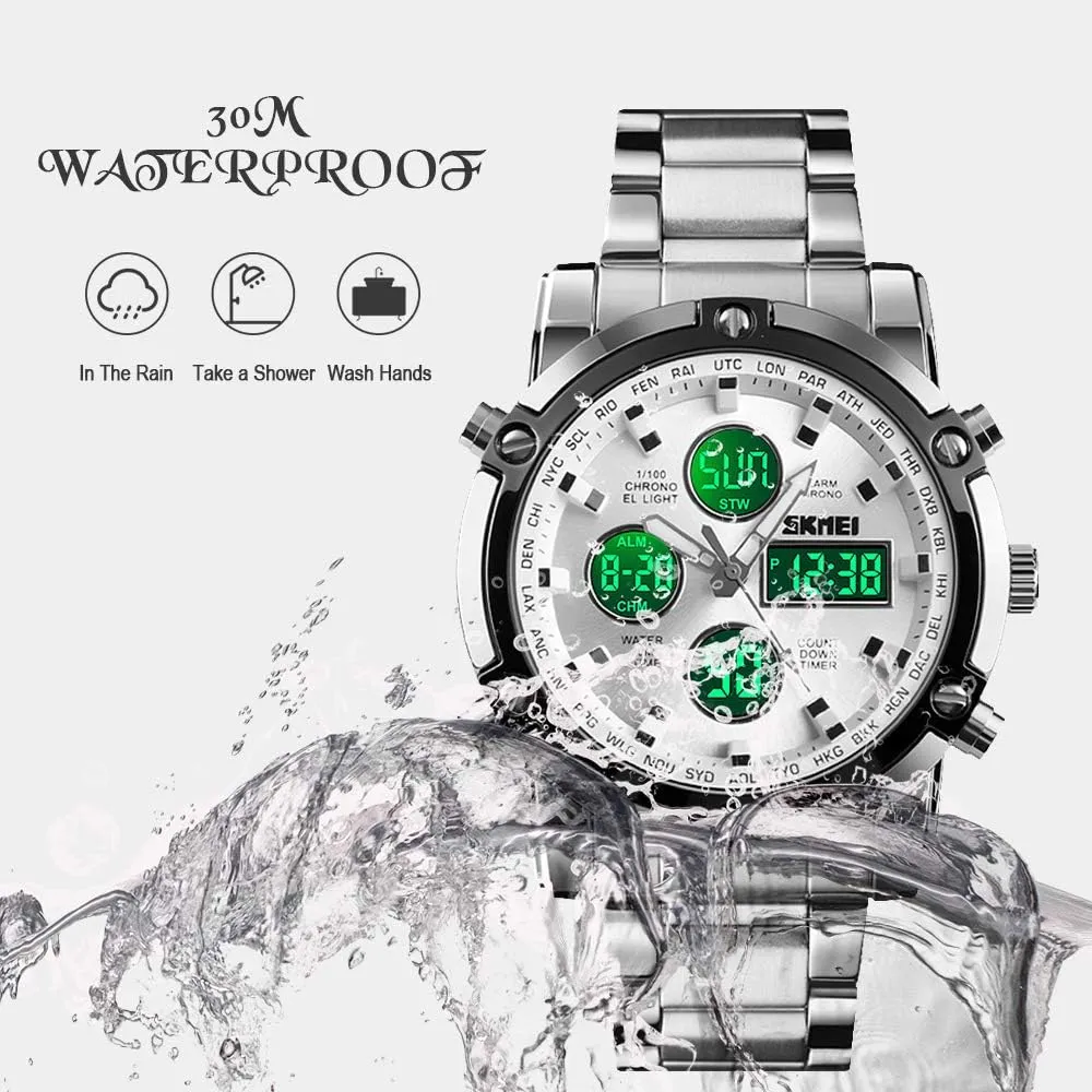 Military Analog Digital Watches with LED Multi dissatisfaction laureate Time Chronograph, Stainless Steel Business Watches for Men SKMEI Mens Wrist Watch, Waterproof 