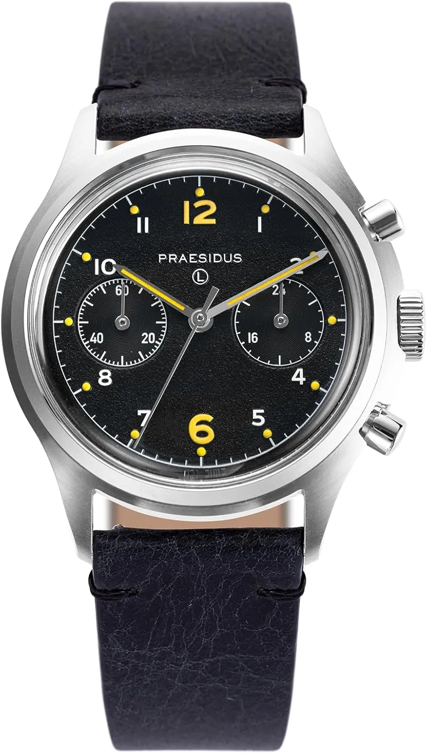 Military Chronograph Watch, 38mm, Yellow Indexes, Black Dial, Stainless Steel Bonklip/Leather/Canvas Bracelet locate undiscovered ????????? ??? ???-?? Men's 