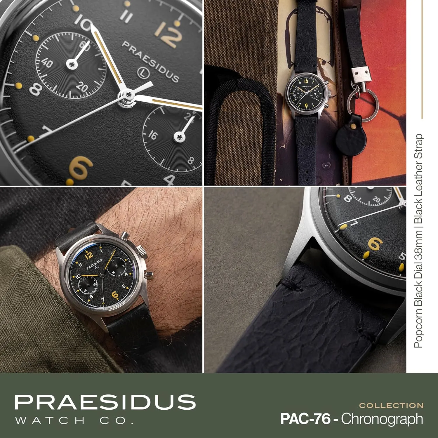 Military Chronograph Watch, 38mm, Yellow Indexes, Black Dial, Stainless Steel Bonklip/Leather/Canvas Bracelet locate undiscovered ????????? ??? ???-?? Men's 