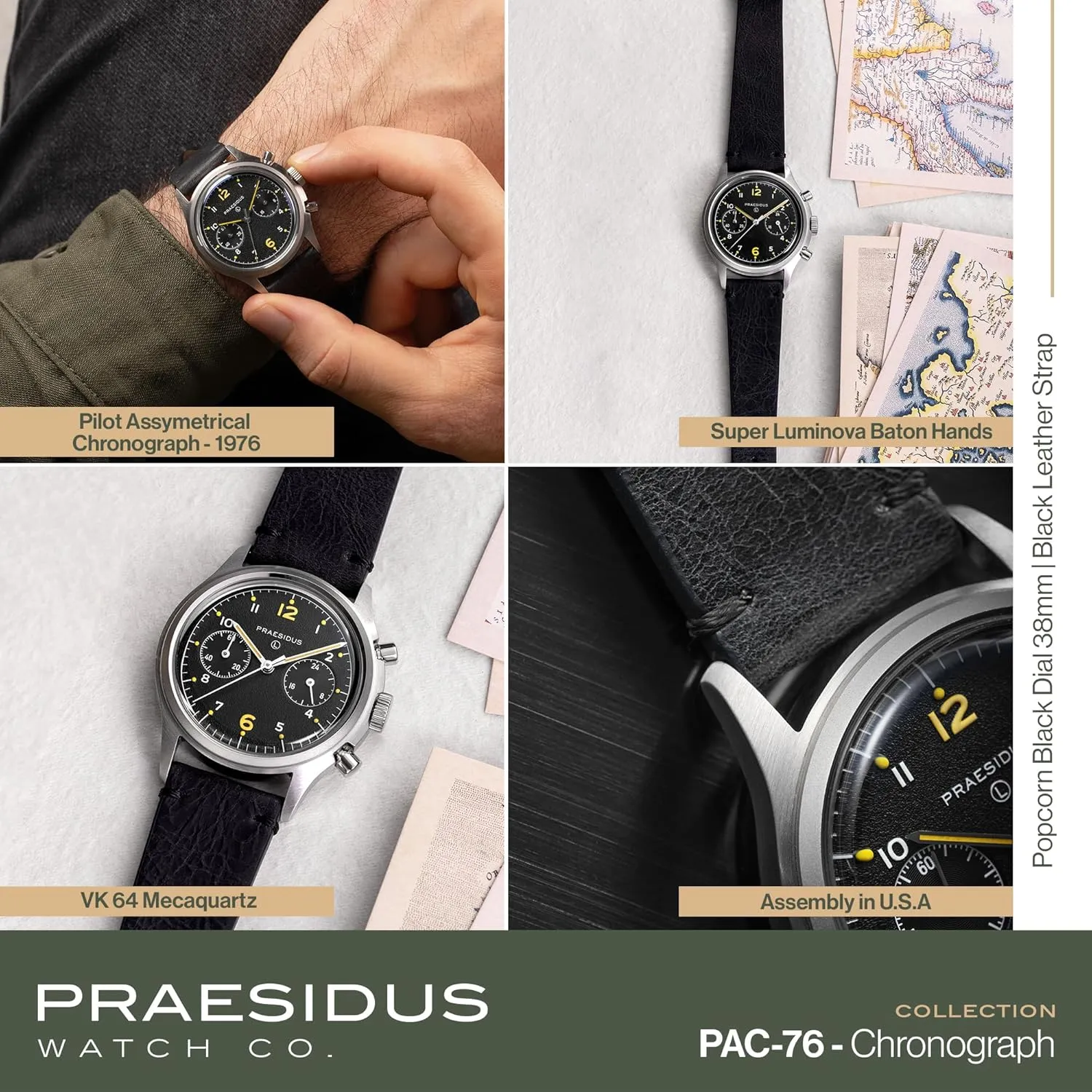 Military Chronograph Watch, 38mm, Yellow Indexes, Black Dial, Stainless Steel Bonklip/Leather/Canvas Bracelet locate undiscovered ????????? ??? ???-?? Men's 