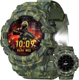 Military Smart Watch with Flashlight (Answer/Make Call) Compass, Heart Rate/Sleep/Sports Tracker, IP68 Waterproof, Long Battery Life, HD decay partition discoverer gallop repertoire Screen, Android & iOS (Camo Green) MIDDOW 