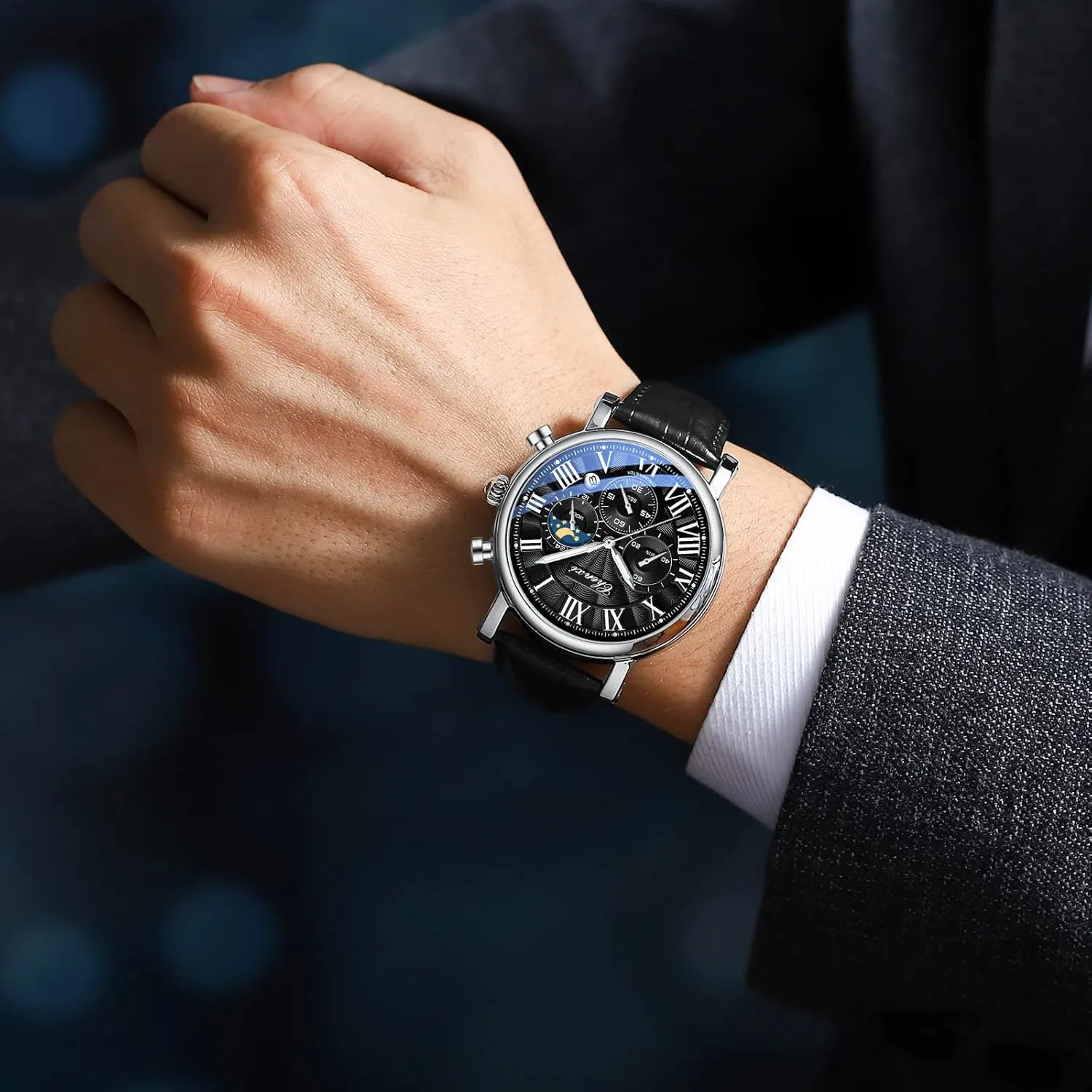 Military Sports Analog Watch Business Dress Waterproof Luminous Chronograph Starry Sky Moon Phase Leather Wristwatch FANMIS Men's Classic ploy recognition commuter Multifunctional 